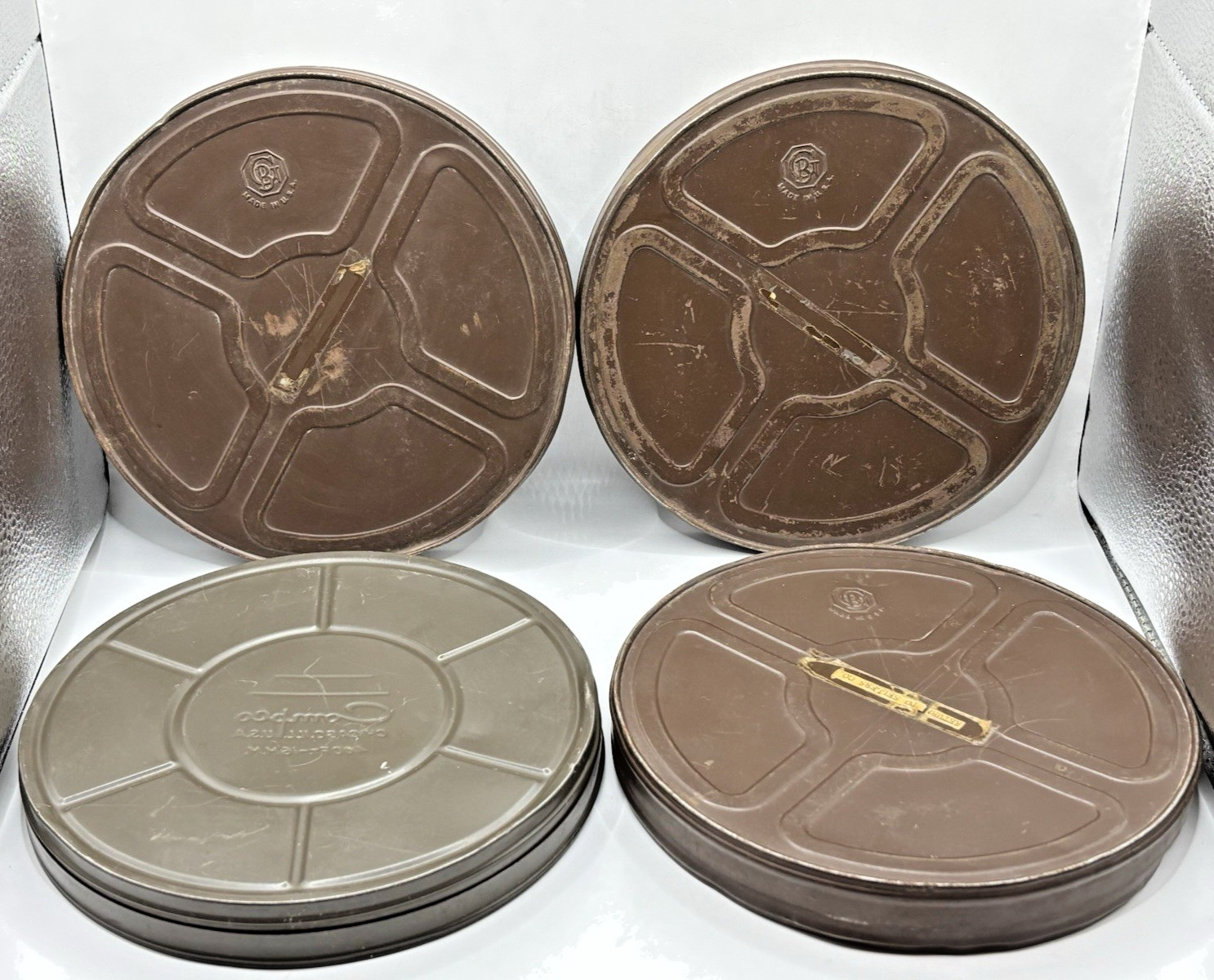 4 Vintage Compco Goldberg Film Reel Canisters 7″ Empty Movie Theatre Room Decor