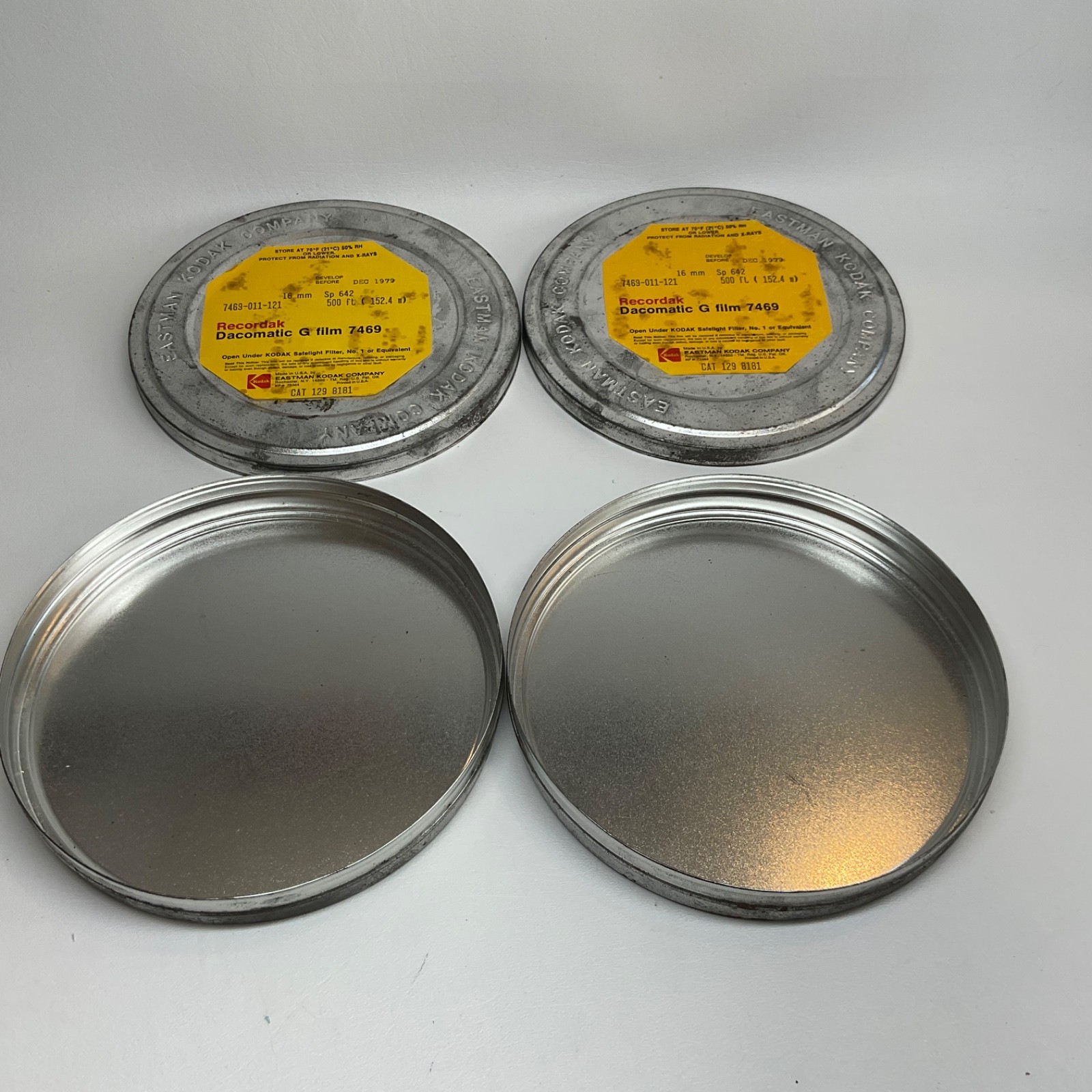 2 Empty 16mm 500′ Foot Feet Eastman Kodak 7″ Inch Metal Tin Film Canisters Cans