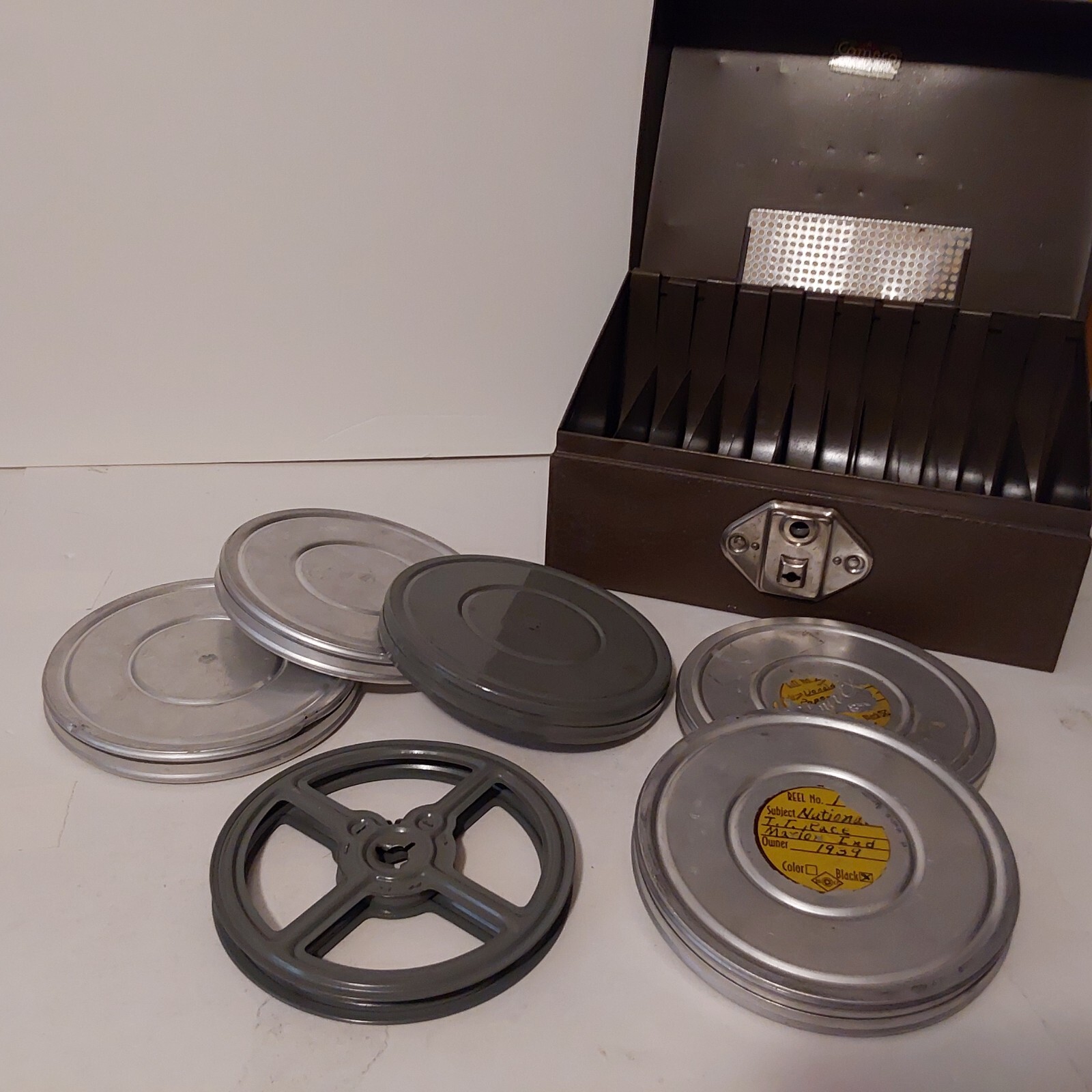 Vintage Compco Metal Film Reel Storage Box 12 Slot Storage 5 Reels/Cans Included