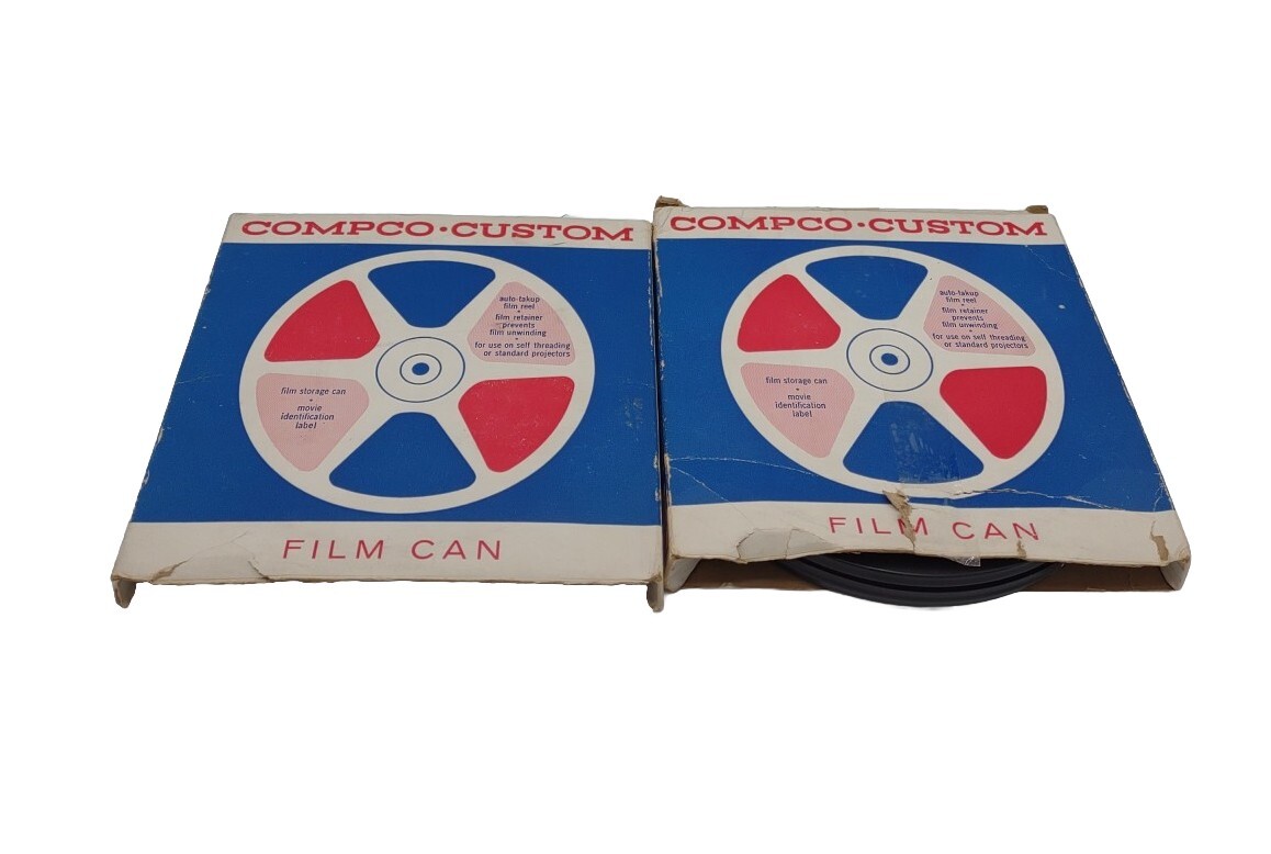 2 Vintage Compco 300 ft 8mm Film Canister and Take Up Reel 6″ USA Metal Case