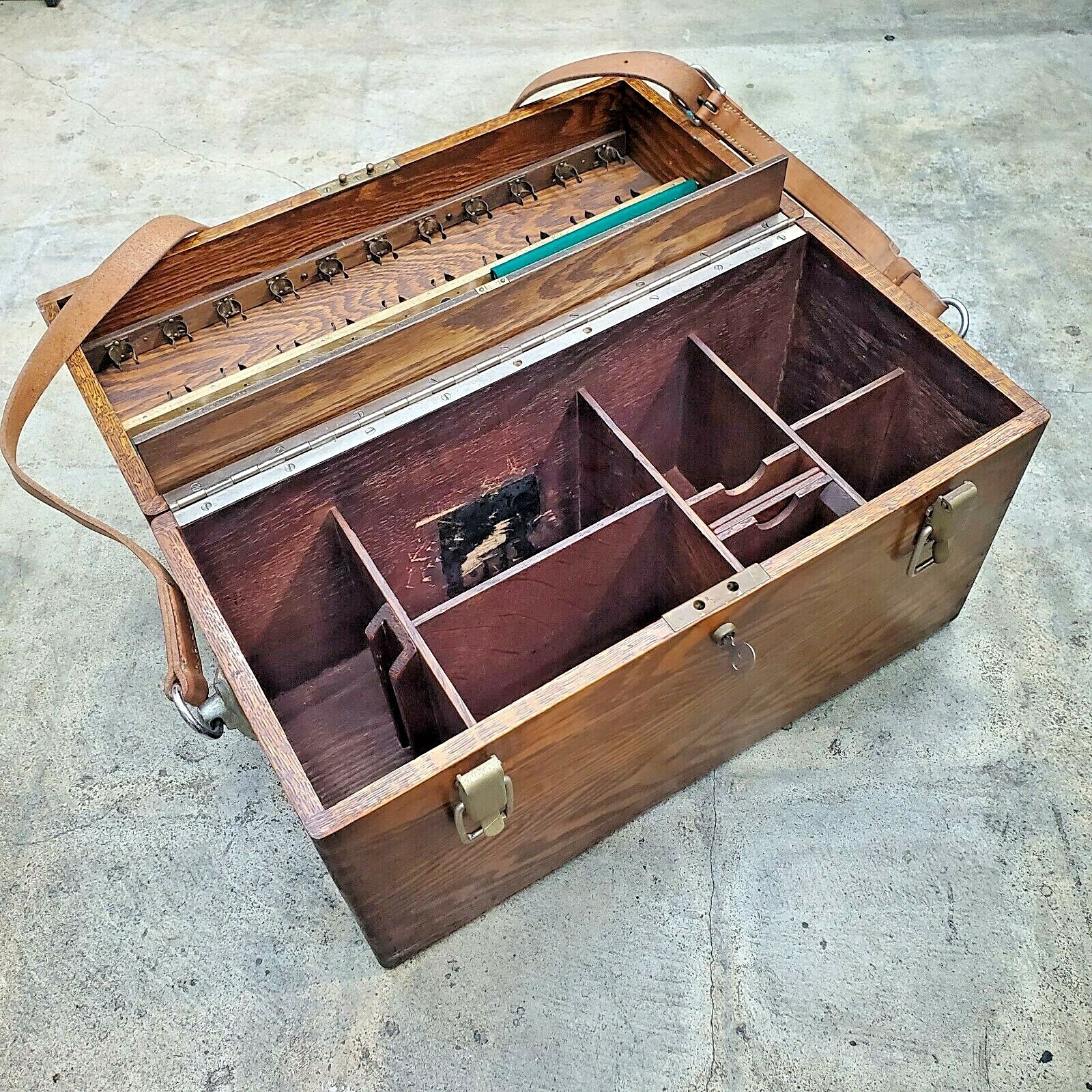 Vintage Heavy Duty Photographers Camera Accessories Box Oak w/Leather Strap