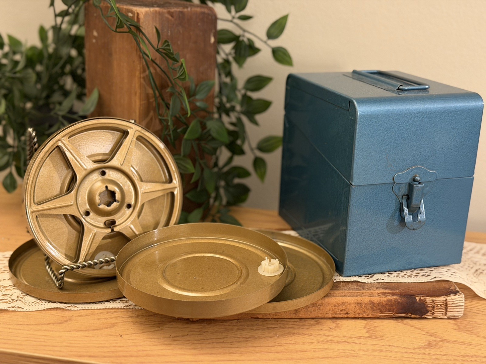 Vintage blue Metal Film Reel Storage Box w/ 2 Reels