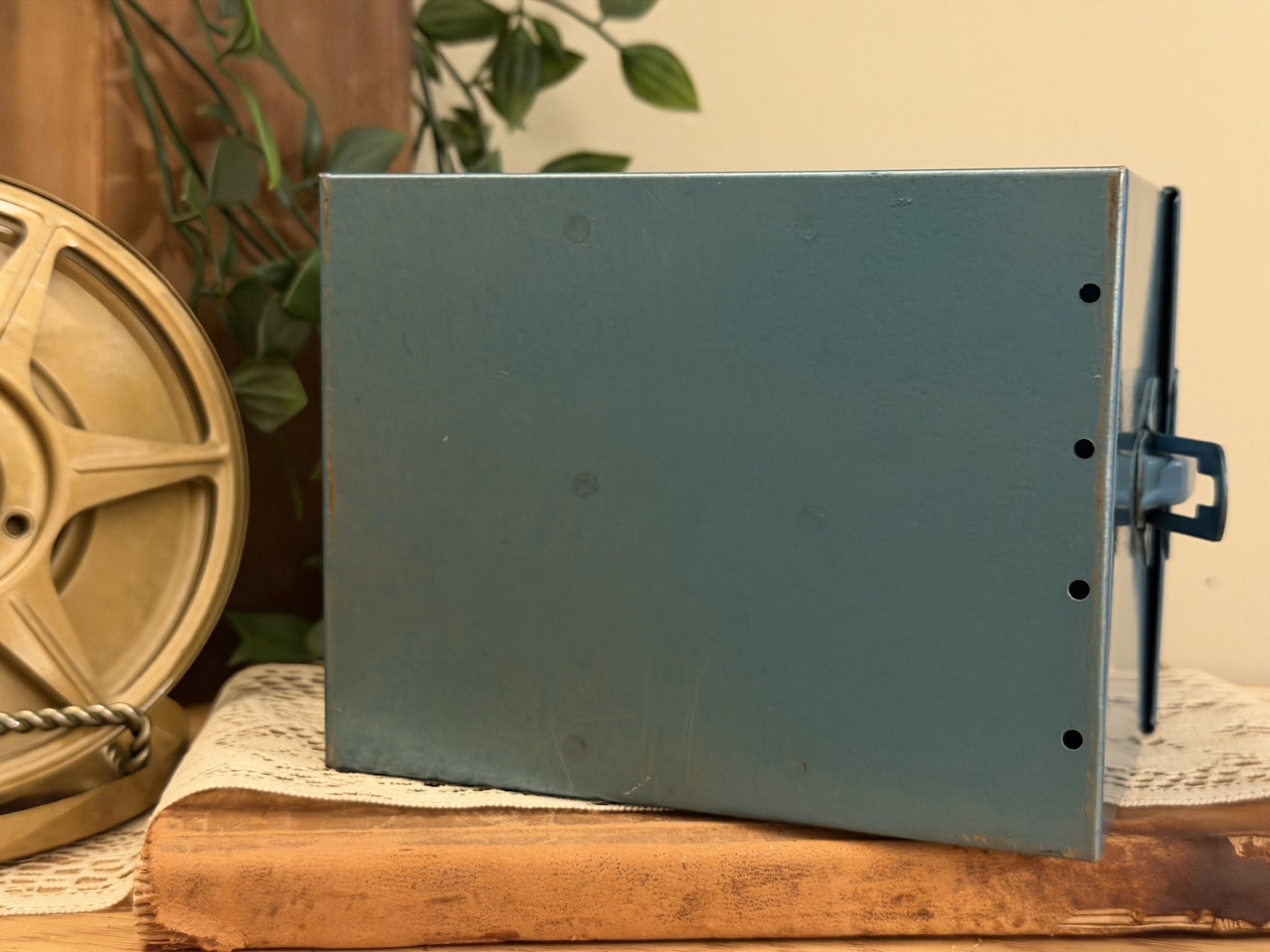 Vintage blue Metal Film Reel Storage Box w/ 2 Reels
