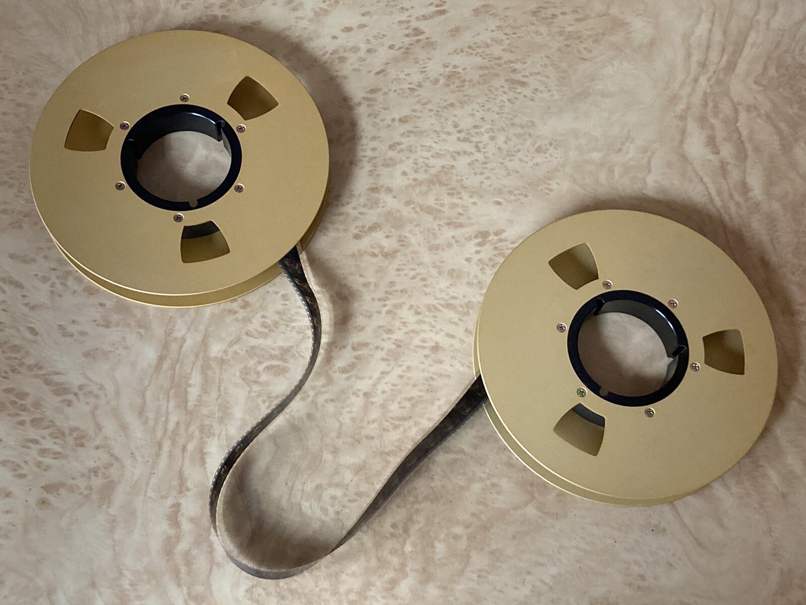 (2) – 1” Empty Gold Metal Video Take-up 9” Reels Great Decor For Media Room