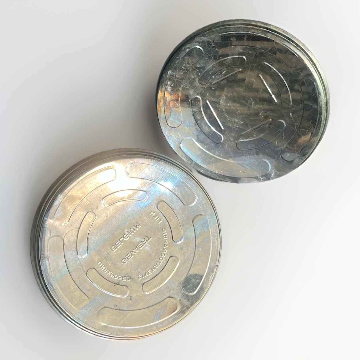Vintage Film Canister Aluminum Gevaert Belgium 11″ “cinematographic film”. 1940
