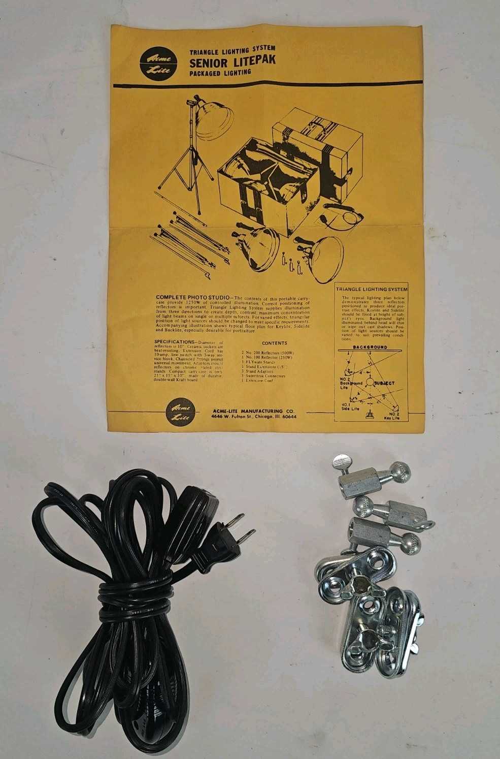 Vtg Acme-Lite Senior Litepak Triangle Lighting System Studio Kit w/ Case & Stand