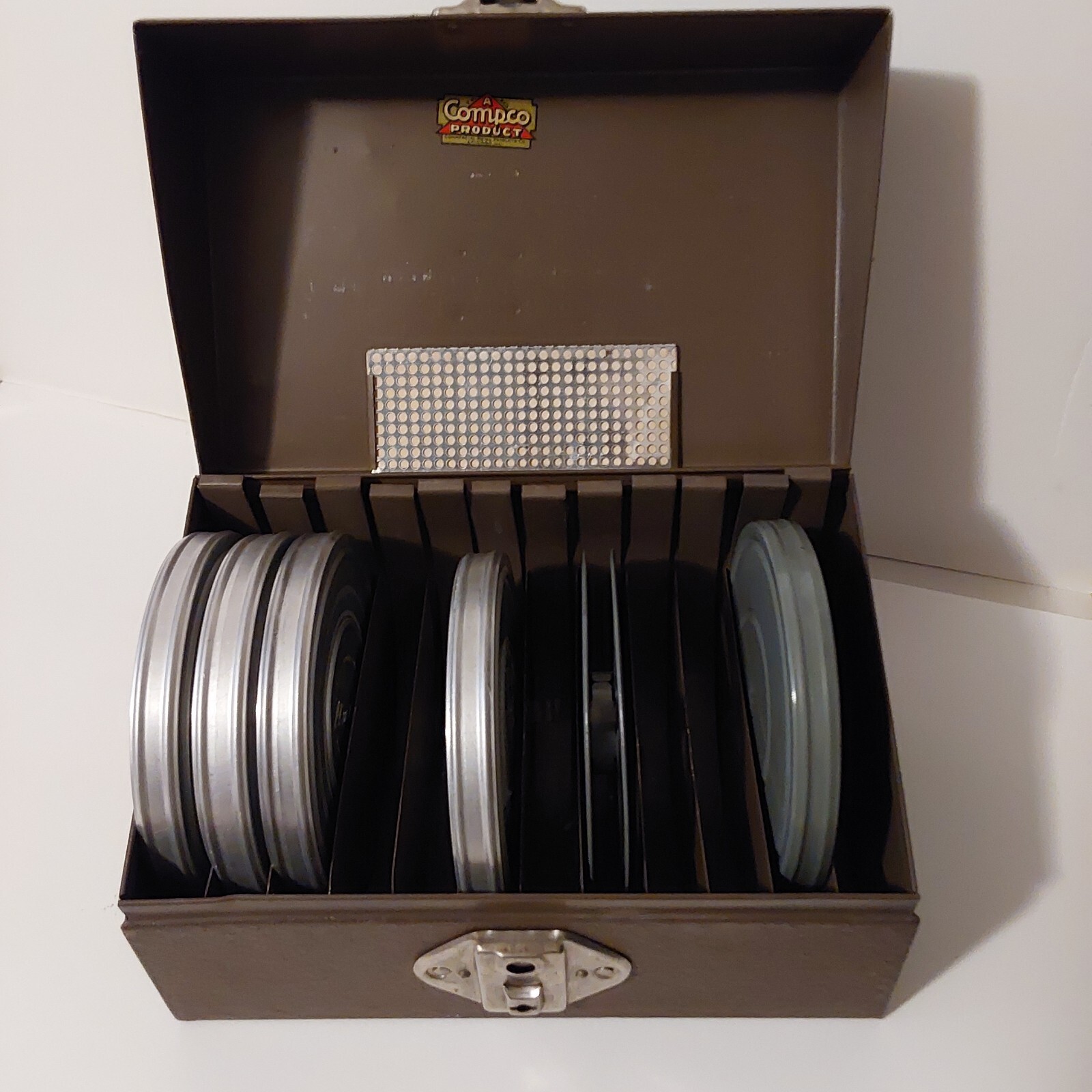 Vintage Compco Metal Film Reel Storage Box 12 Slot Storage 5 Reels/Cans Included