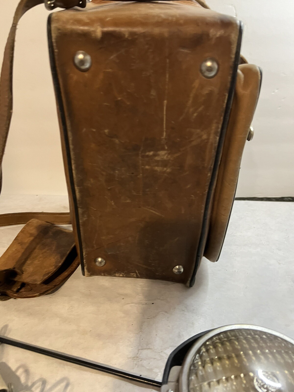 GE ACMELITE Attachment Bright Lamp Electric Tested Working, Leather Bag Vintage