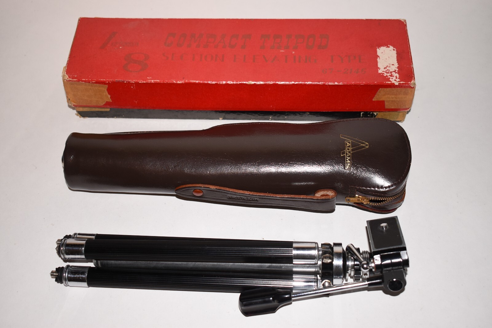 Vintage Adams Compact Tripod 8 Section Elevating Type 67-2145 W/ Carrying Case