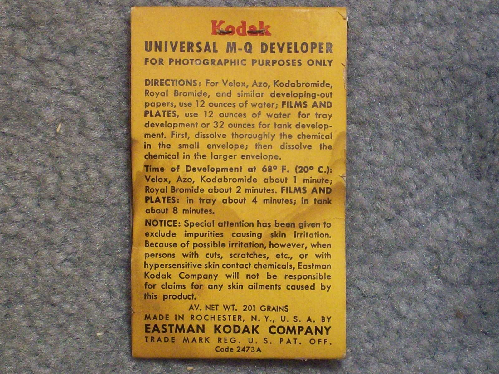 KODAK 1940 circa UNIVERSAL M-Q DEVELOPER EASTMAN KODAK COMPANY CODE 2473 A