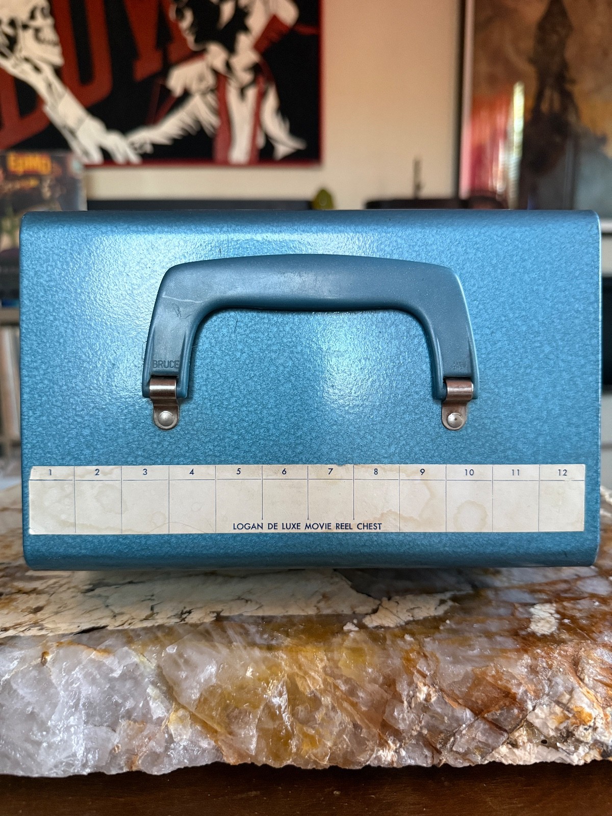Vintage Logan Deluxe Movie Reel Chest Blue Holds 12 Film Canisters for 5″ Reels