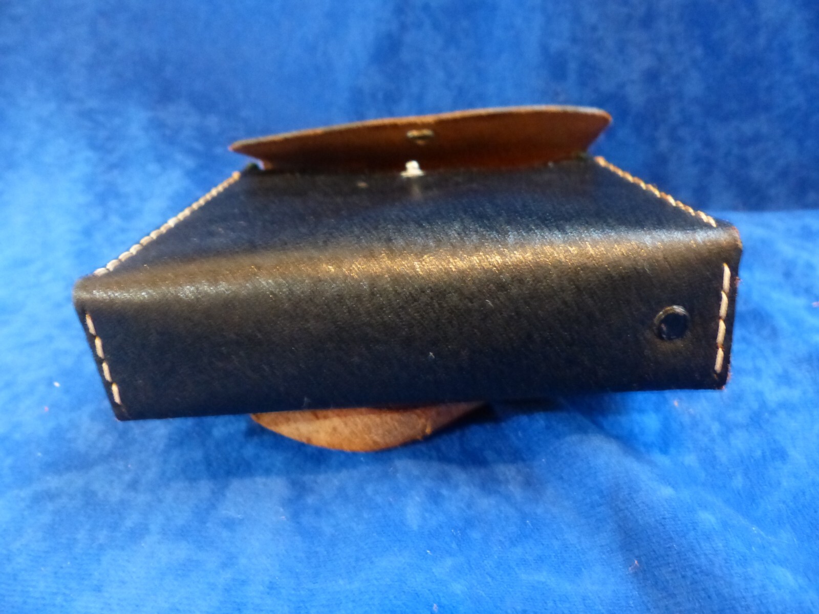 Vintage small black leather case w/ strap and metal clip, made in Japan