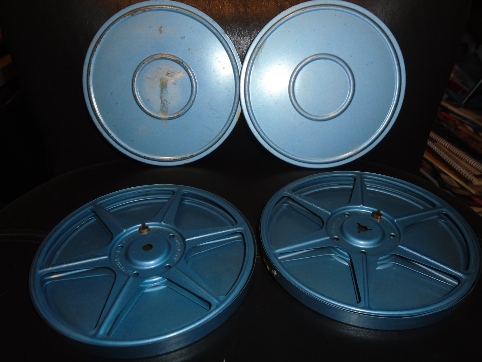 2 VINTAGE COMPCO CORP 8MM FILM REELS 400 FT WITH CANS BLUE