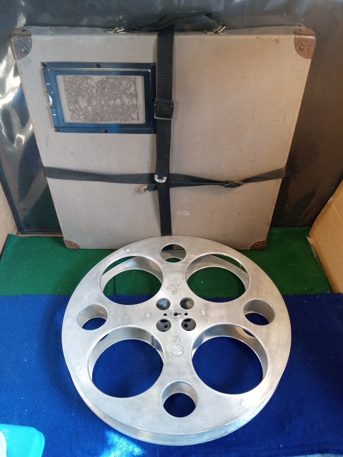 Antique Embossed Logo Goldberg Bros 3000 Ft 35mm Thick Aluminum Film Reel w/Case
