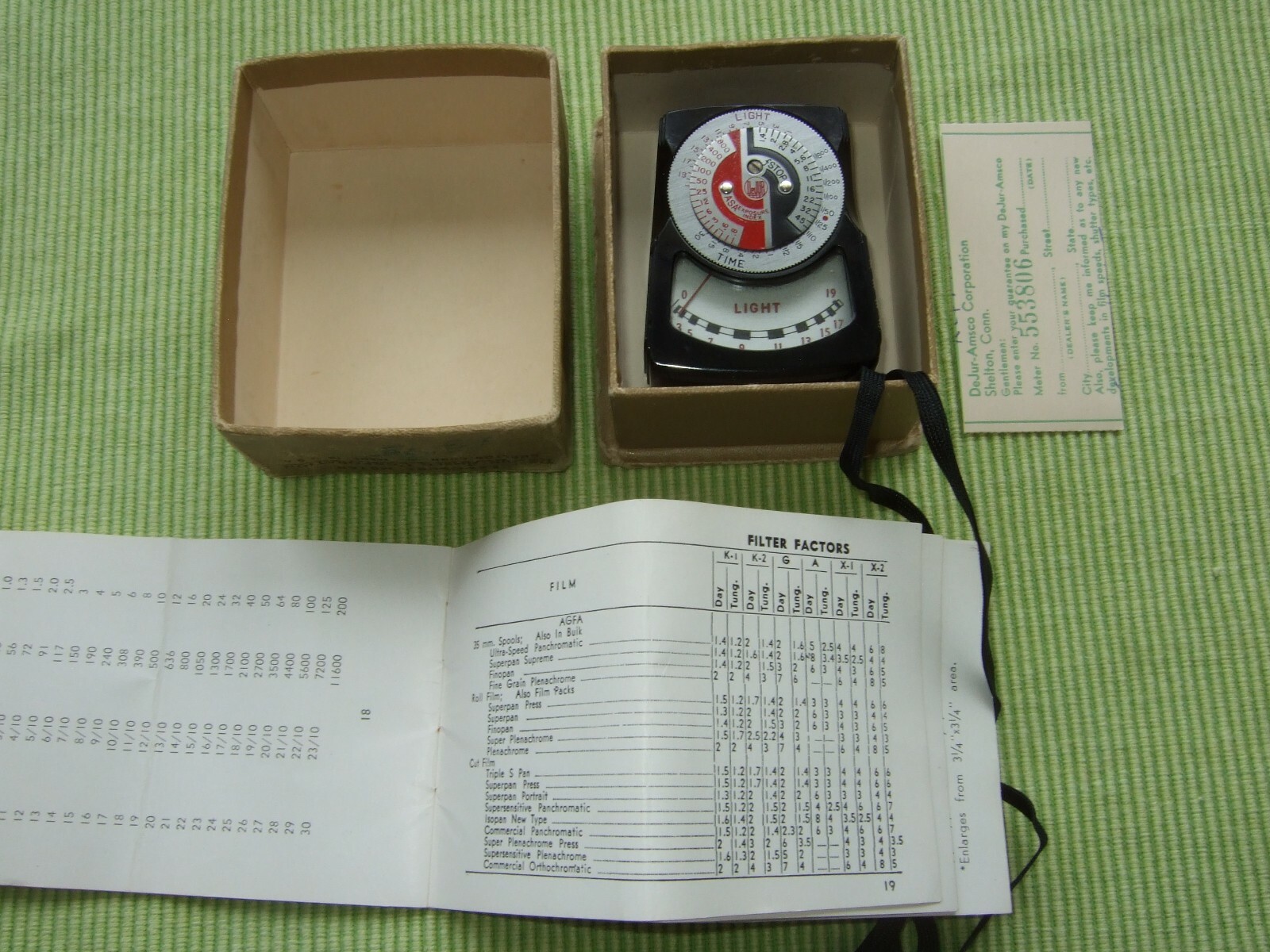 Vintage DeJur Exposure Meter with Strap ~ Made in USA Box Instruction Book 5B