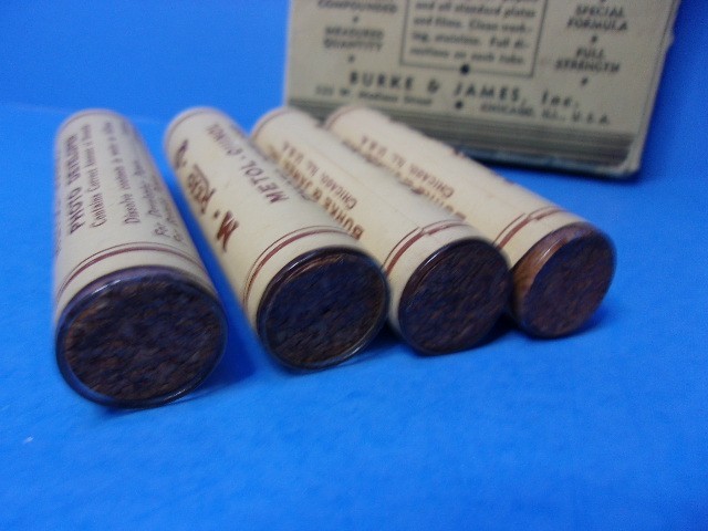 Antique Lot of 4 Boxes of Developing Powders Glass Tubes Photography Supplies
