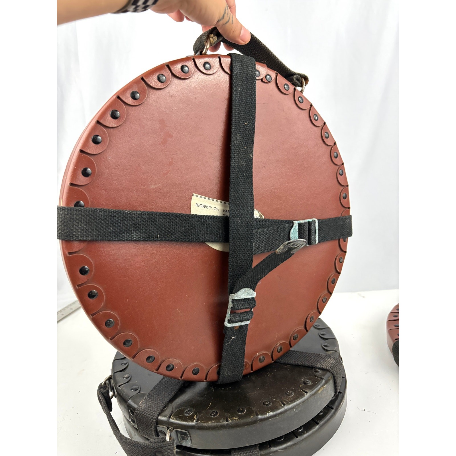 VTG Lot of 4 Round Film Reel Shipping Box with Canvas Straps USA Empty