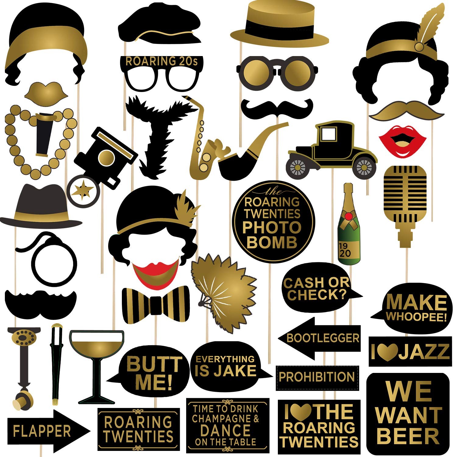 Roaring 1920’s Party Photo Booth Props 42pcs, Twenties Jazz 1920s Gold