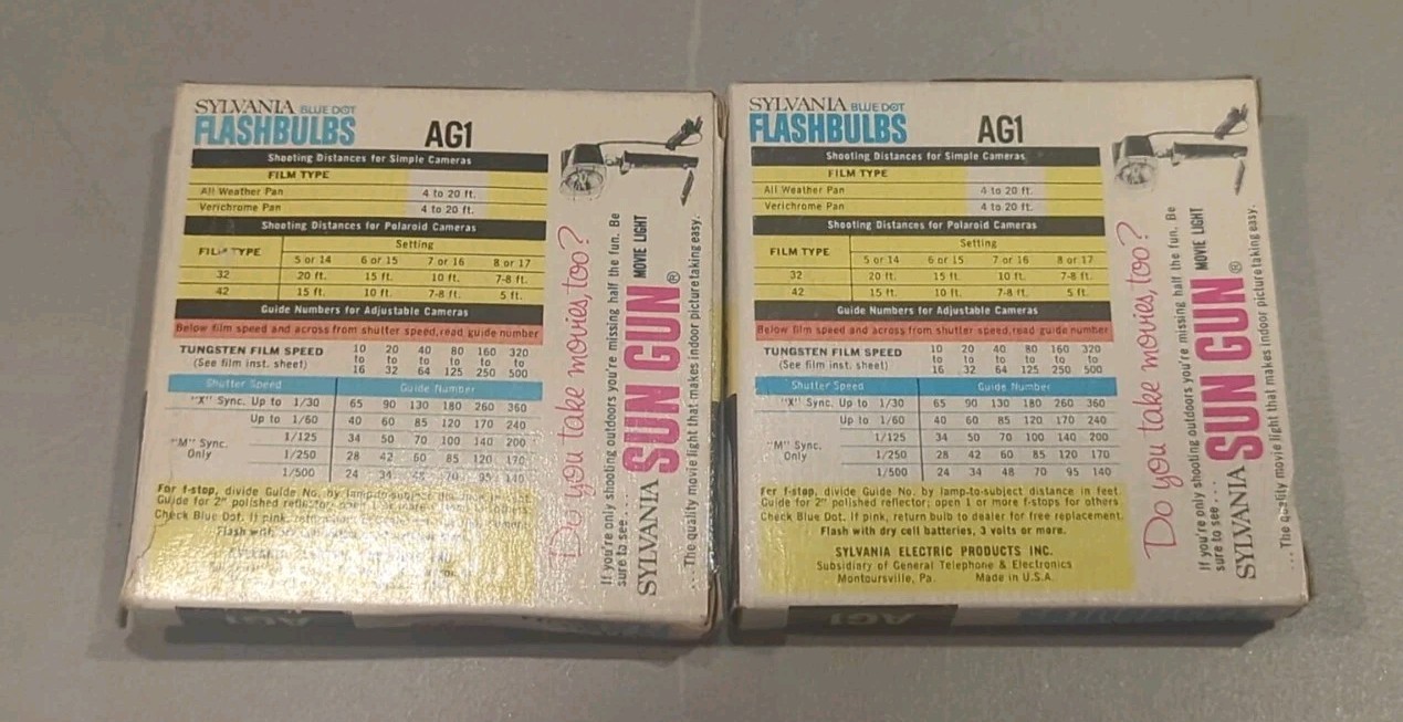2 Boxes Sylvania Blue Dot Flashbulbs AG1 Clear Unused 24 Bulbs NOS Prop Camera