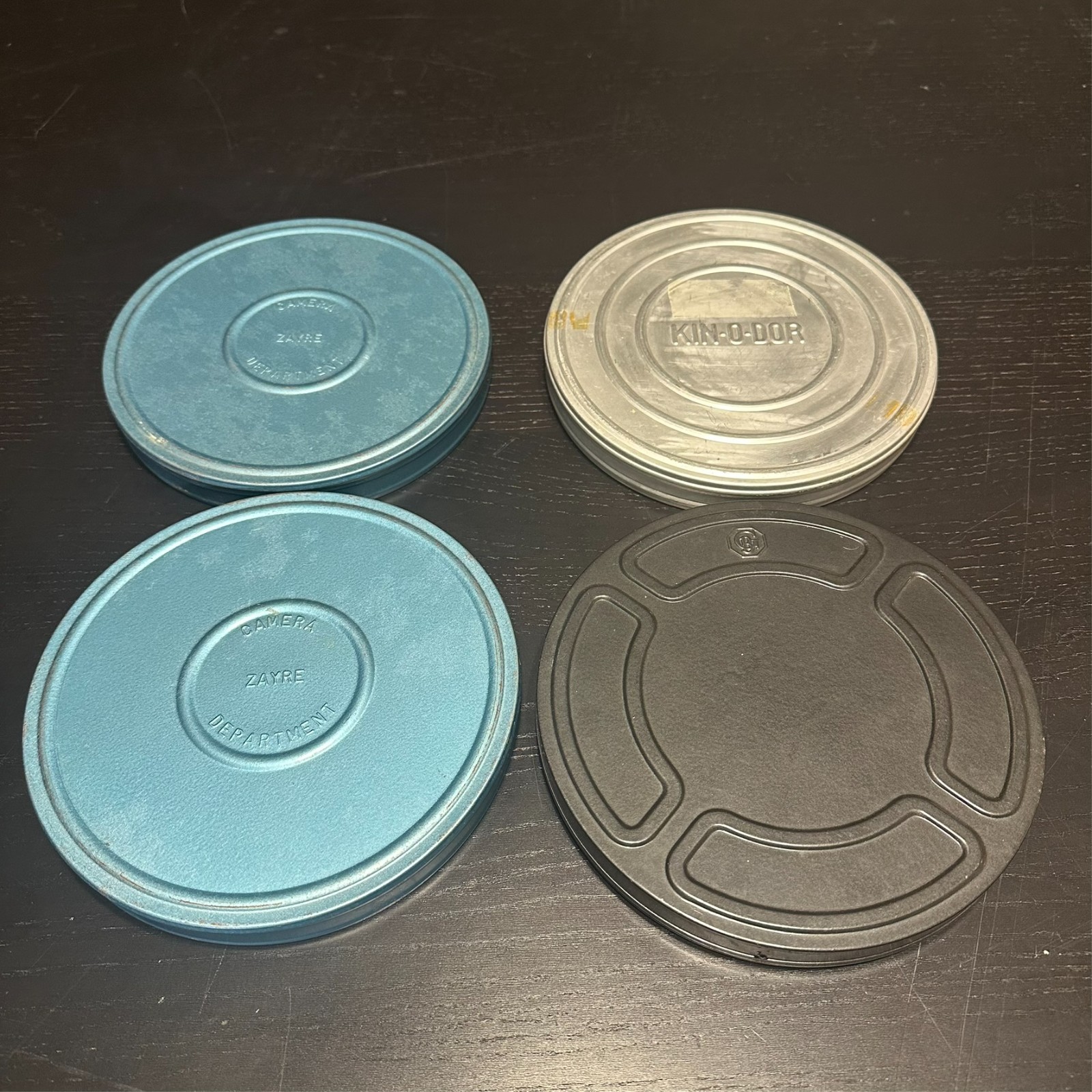 (4) Vintage Film Reel Can Lids Lot Zayre Camera Dept Kino-Dor Multi Color