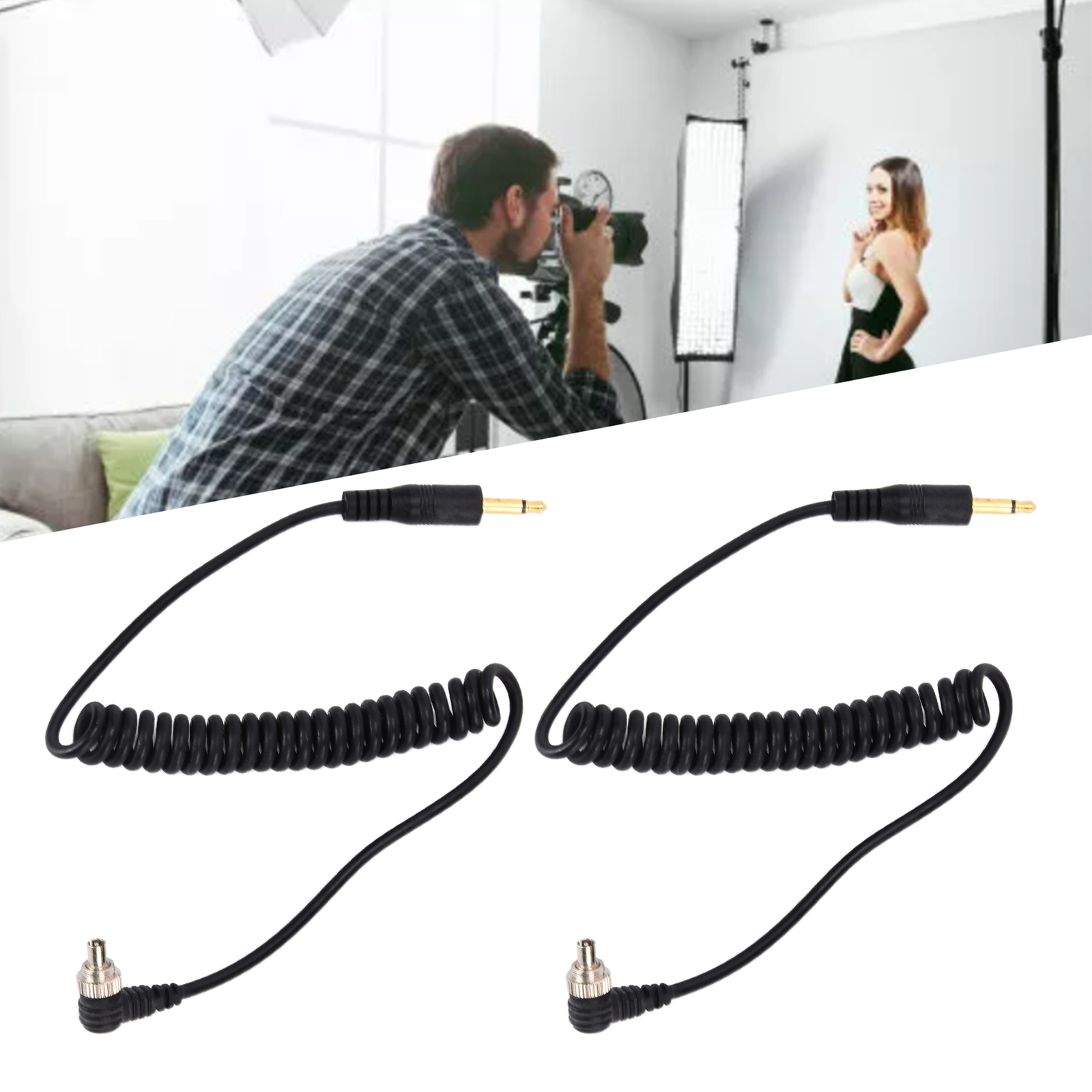 2pcs Camera Flash Cable Universal 3.5mm To Male Flash PC Sync Cable Coiled Cord