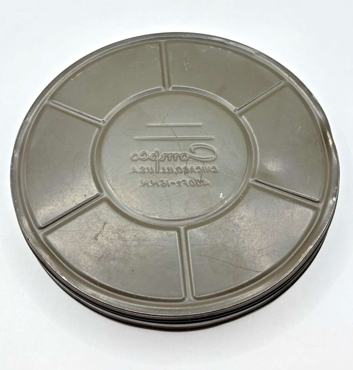4 Vintage Compco Goldberg Film Reel Canisters 7″ Empty Movie Theatre Room Decor