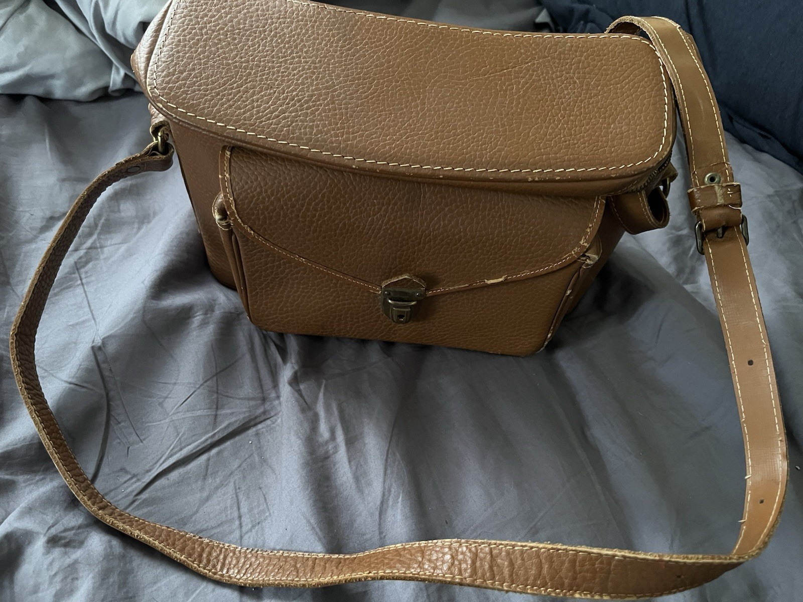 Vintage Brown Leather Camera Case with Compartments and Shoulder Strap