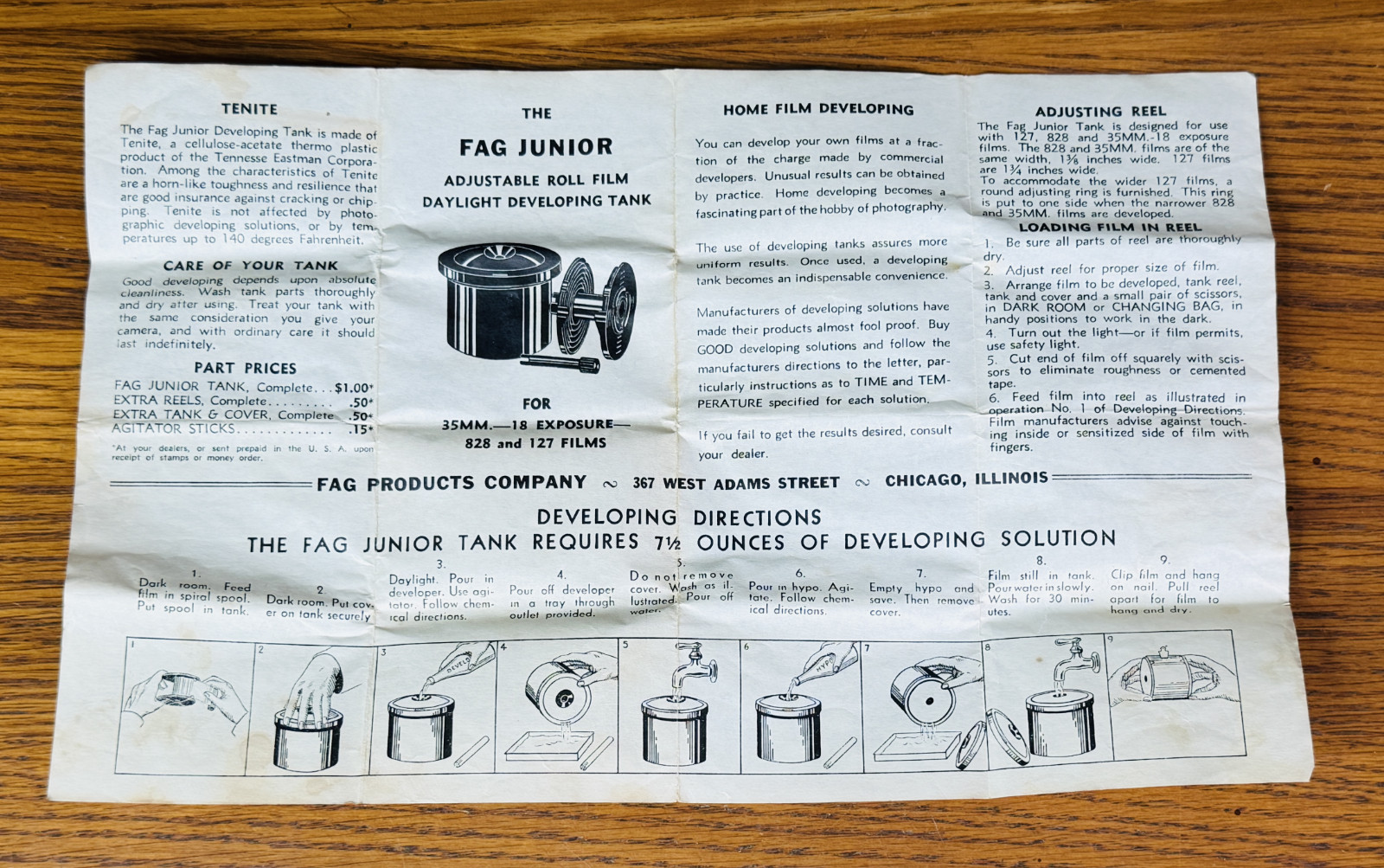 FAG JUNIOR CANDID FILM DEVELOPING TANK Tenite w BOX & MANUAL 1930s Eastman Kodak