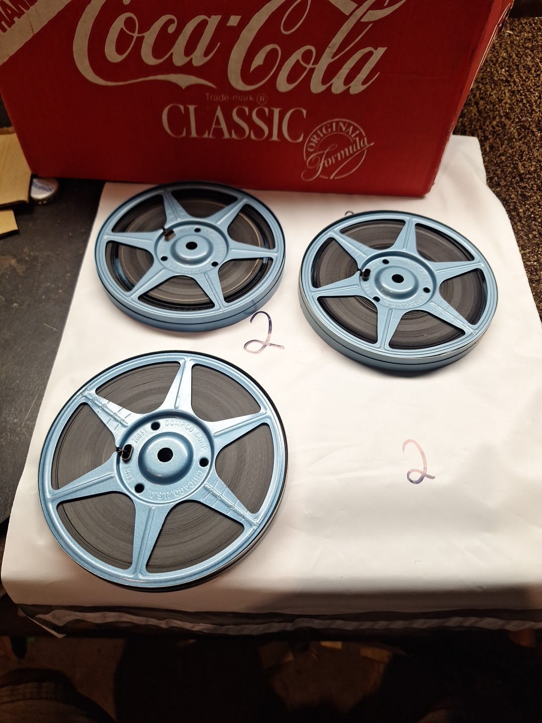 3 Compco Corp. Regular 8mm Blue Metal Reel & Canister 5″ Diameter