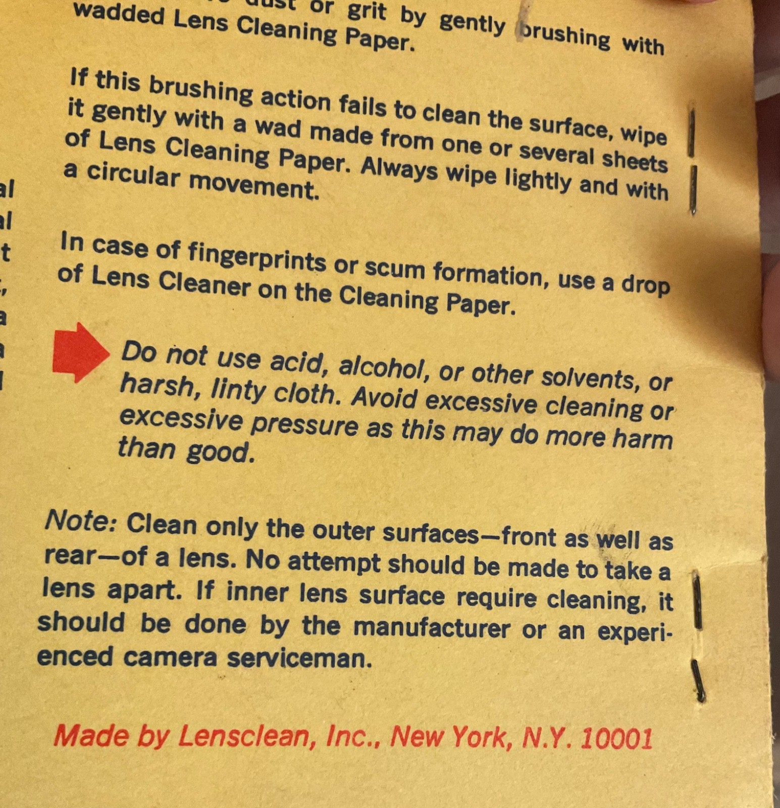 Vintage Lens Cleaning Tissues book Lensclean Inc. Westfield, Mass M & M Camera