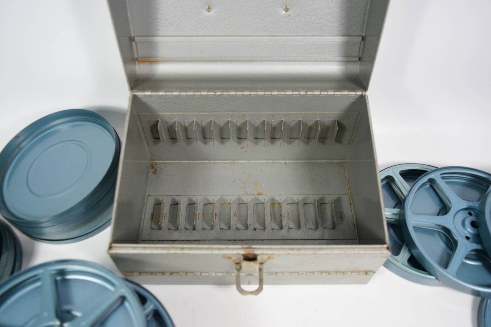 Vintage Metal Terryville Eagle Lock Storage Case w/ 12 Empty Film Reel Canisters