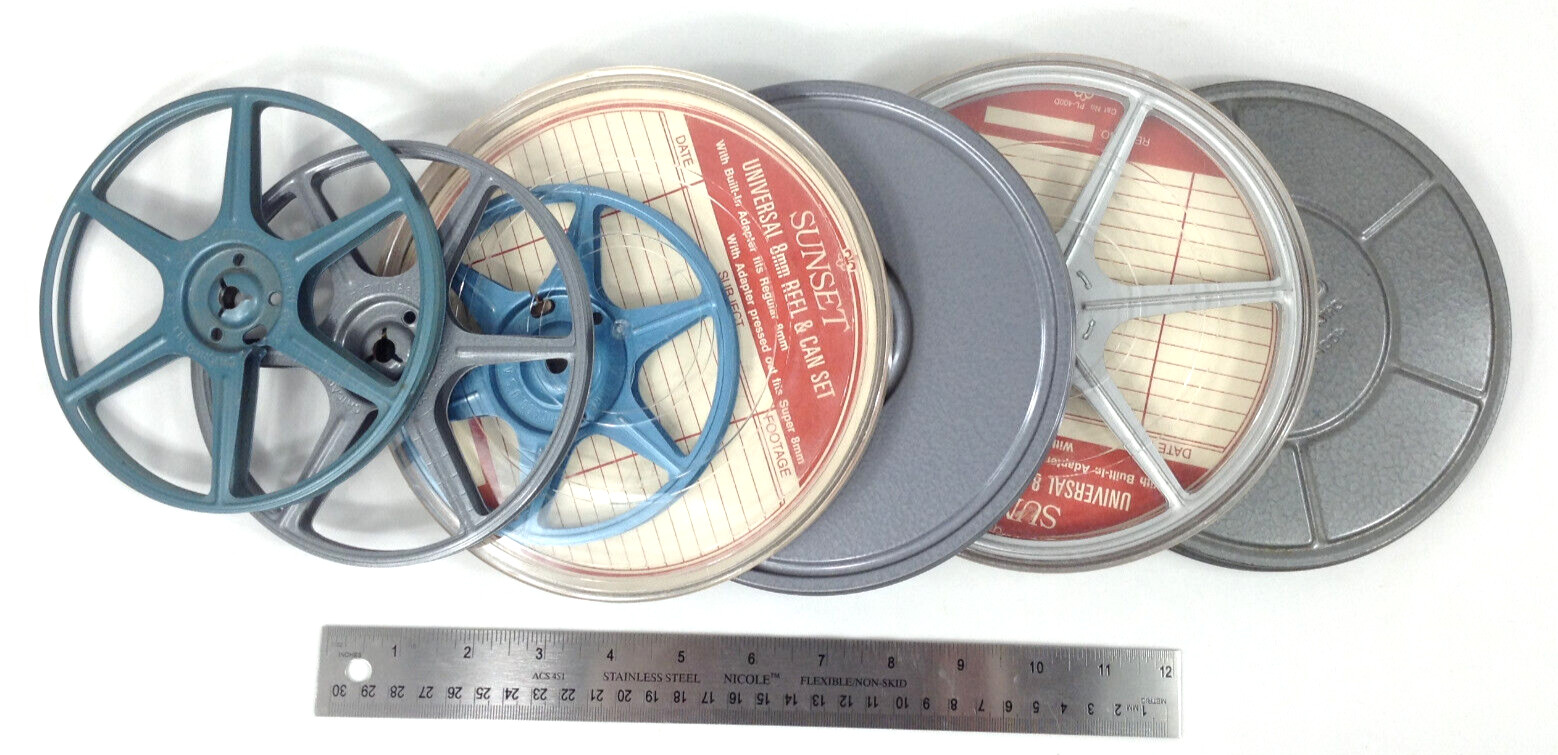 8mm Movie Metal Reel Lot of 6 reels 7″, 6″, 5″ with 4 Cases | Compco Corp, Kenco