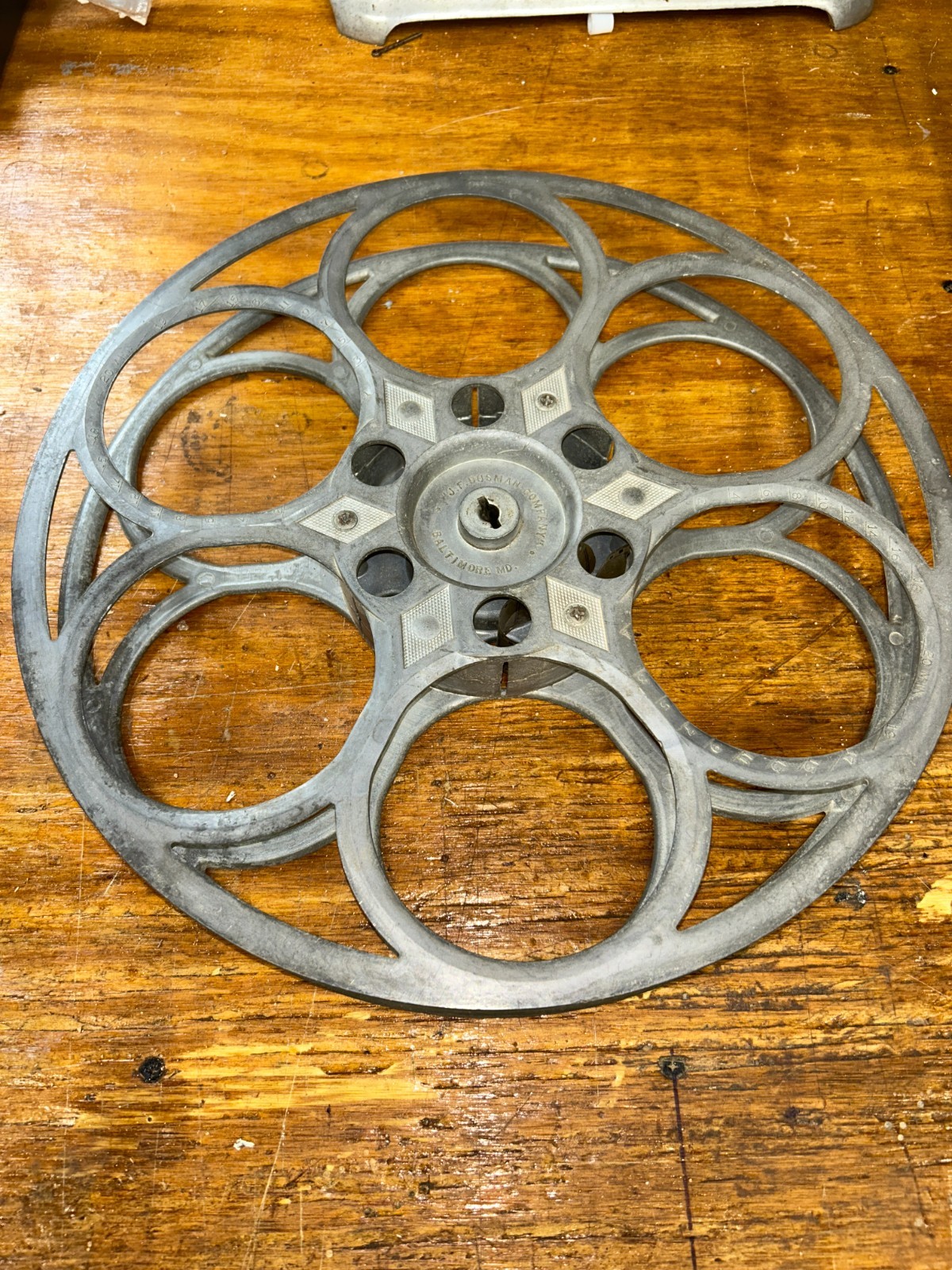 Vintage J. F. Dusman Co. Baltimore, MD. 15″ 35mm Aluminum 6-Hole Film Reel