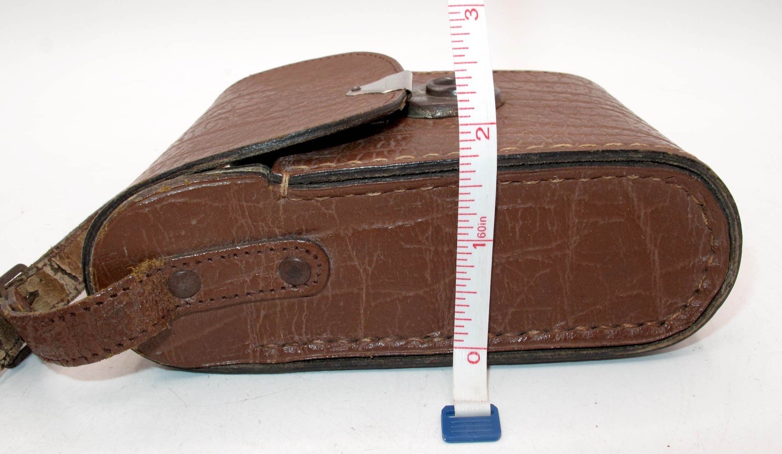 *VINTAGE* BROWN HARD CASE 6″x 4″ x 2″ WITH STRAP-BLUE INTERIOR-WORKING CLASP