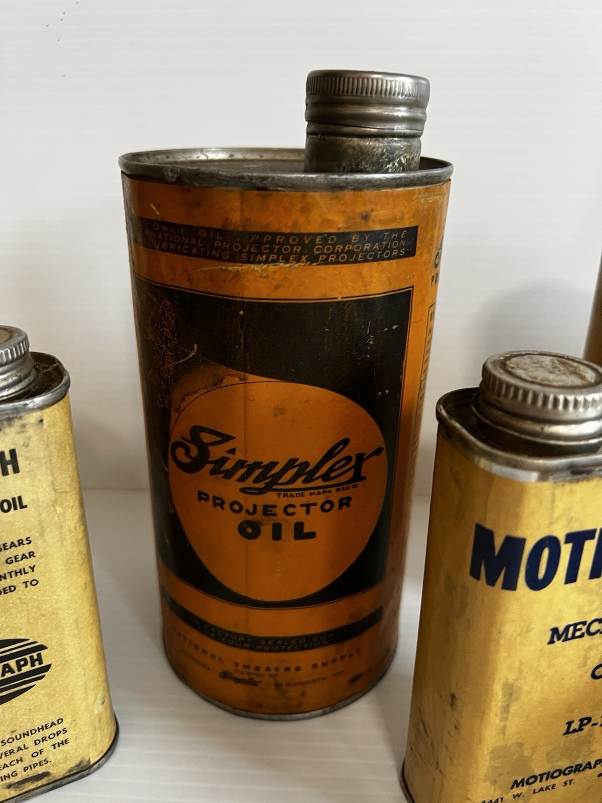 Antique Lot of SIMPLEX MOTIOGRAPH Film Projector Oil Tins and MORE