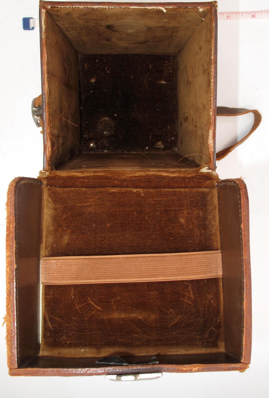 *VINTAGE* BROWN HARD CASE 6″x 4″ x 4″ WITH STRAP-GOLD INTERIOR-WORKING CLASP