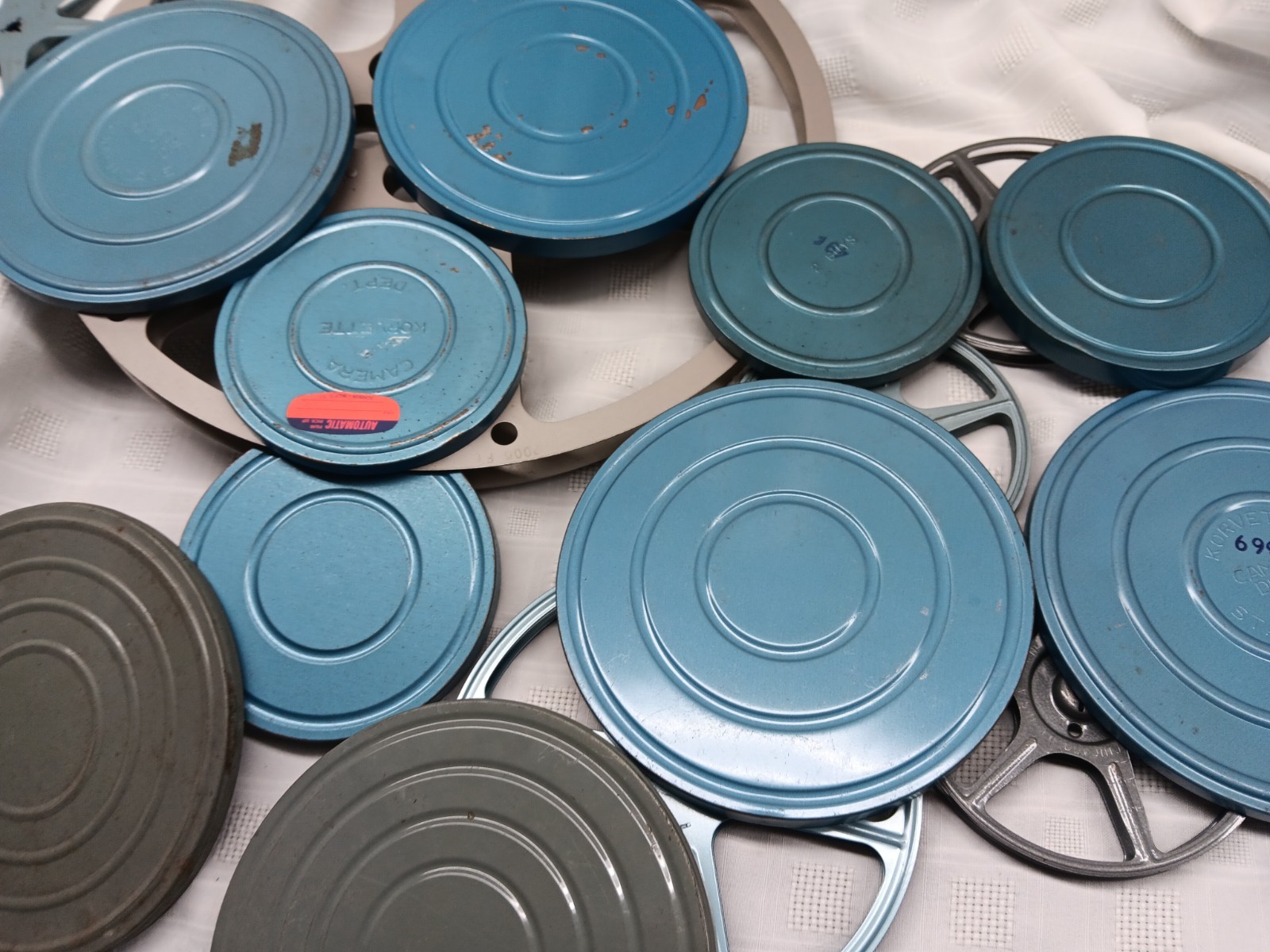 Vintage Lot Metal Film Reels Canister Compco,Tower,Korvette 5 in. To 15 in. Size