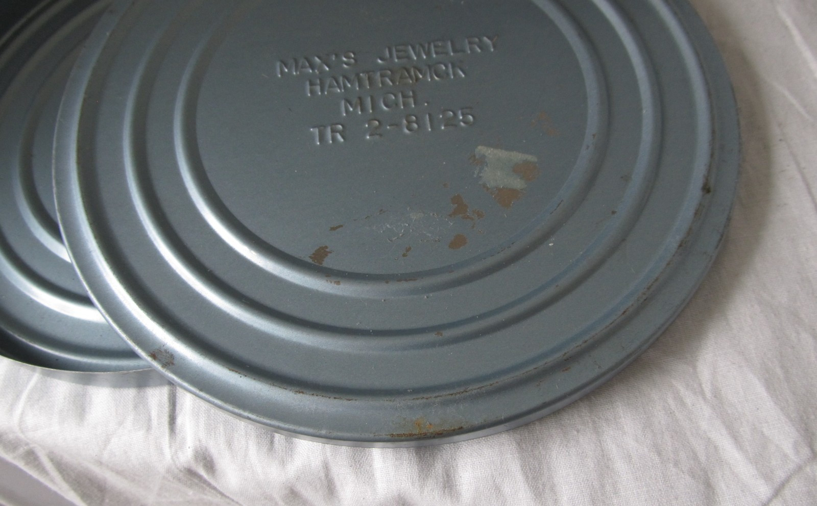 Vintage Max’s Jewelry Hamtramck Metal Tin Canister w/ Film Reel 7″ Blue Color