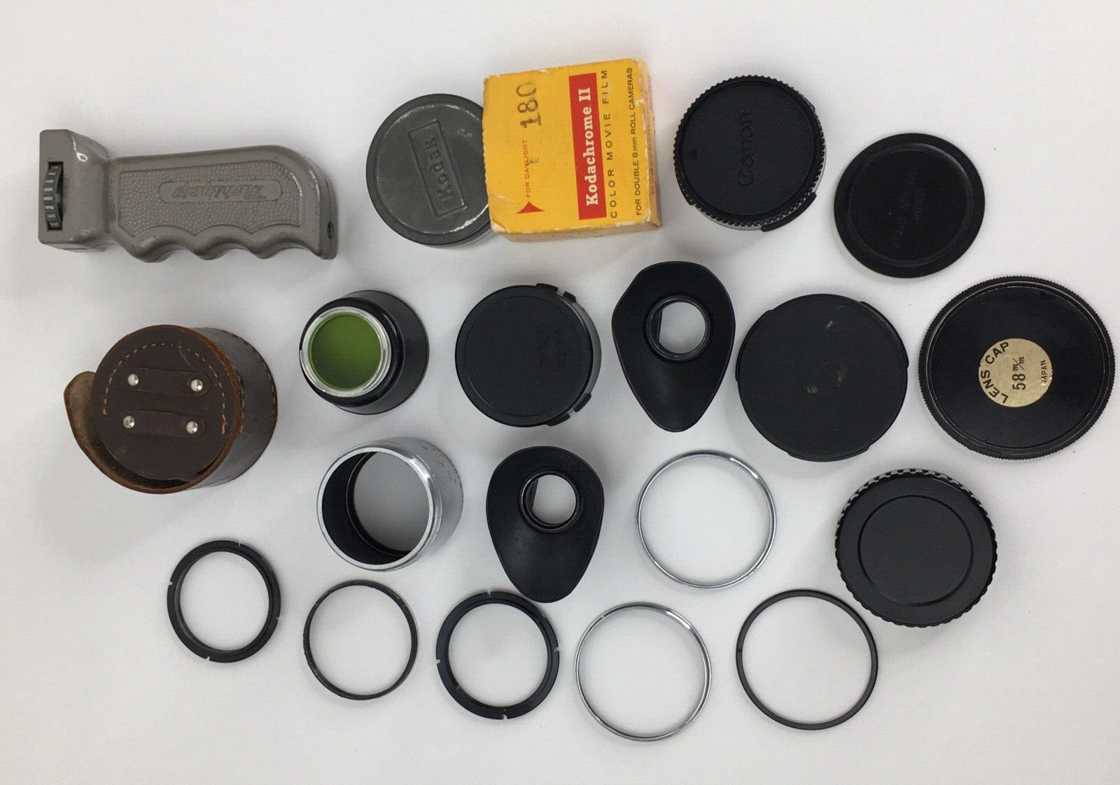 Vintage Camera Parts Lot Mobilgrip Wollensak Kodak Canon Parts Lens Caps Hood