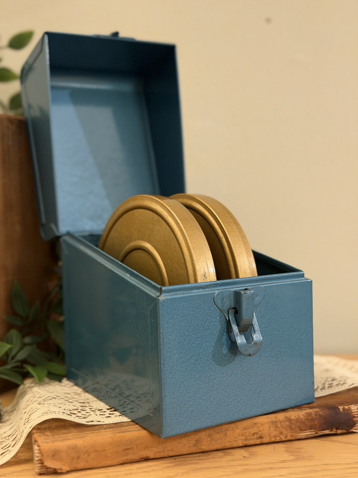 Vintage blue Metal Film Reel Storage Box w/ 2 Reels
