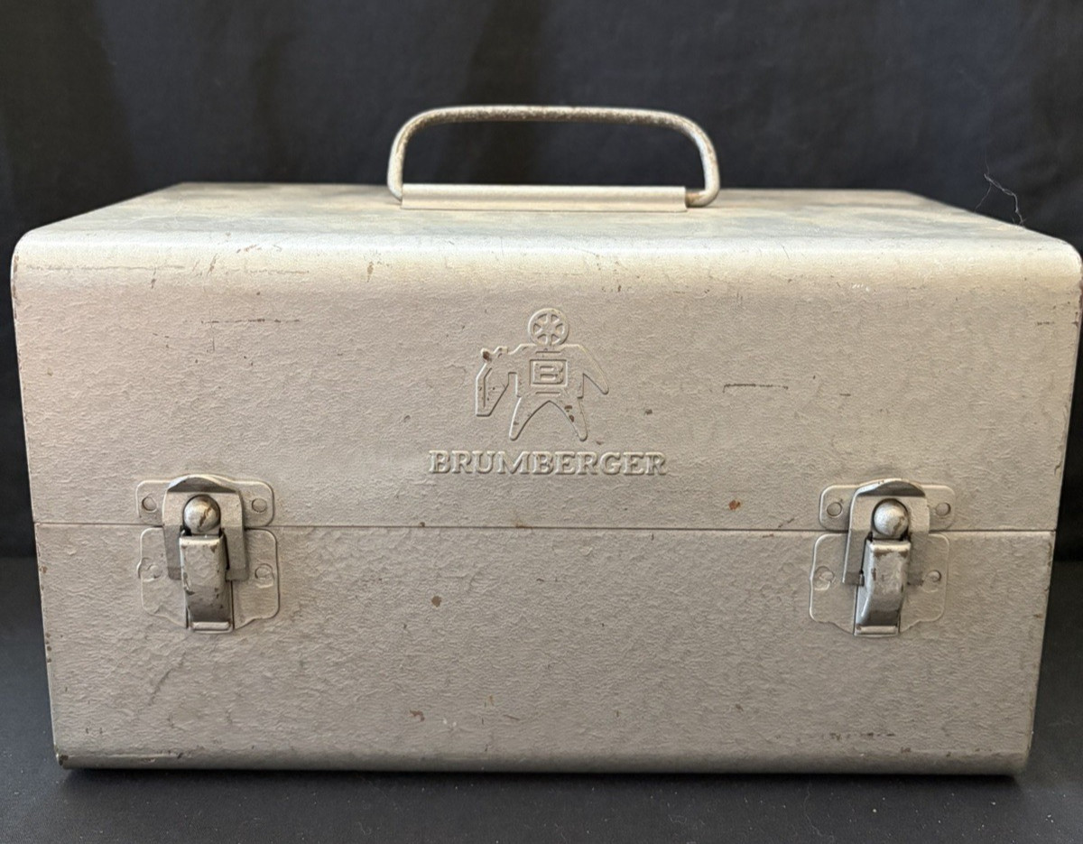 Vtg. 8mm Film Brumberger Metal Carrying Case Holds 5 in Reels + 1 home movie