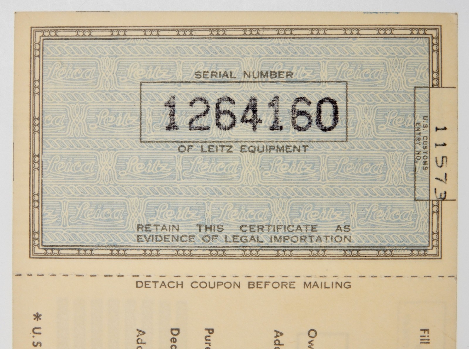 Owner’s Registry Card of Leicaflex SL #1264160