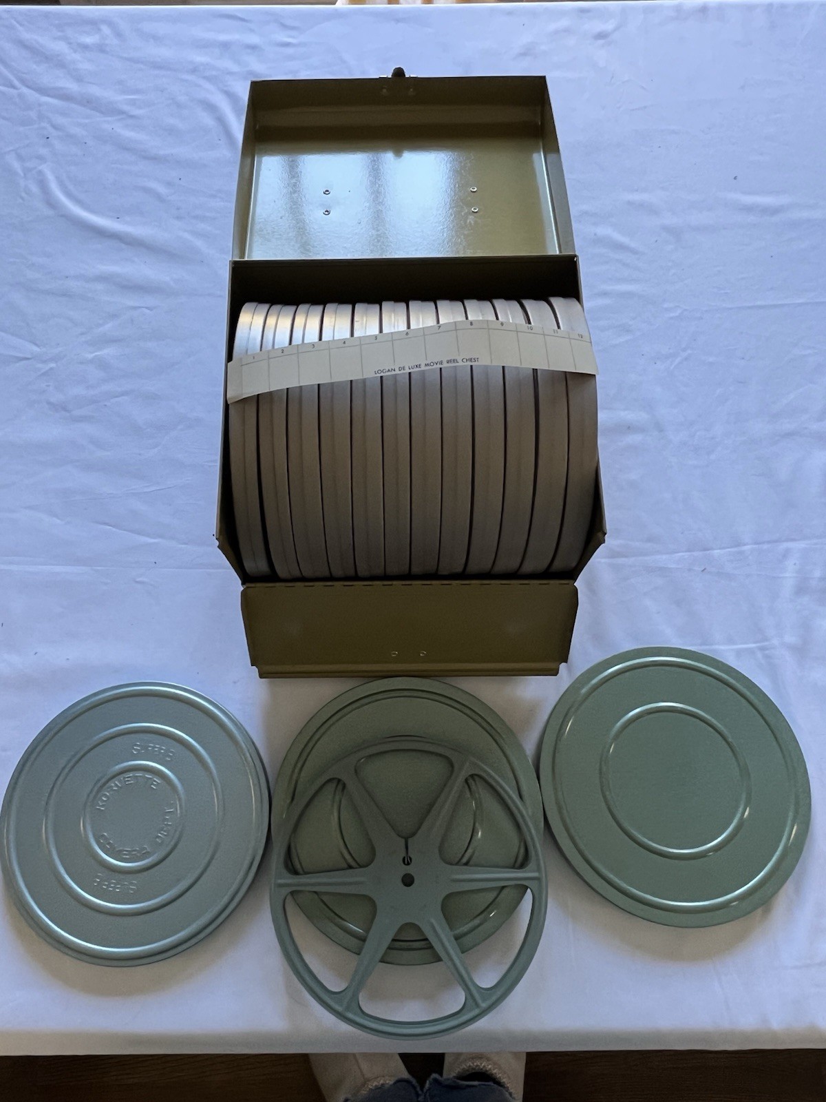 Vintage Logan Deluxe Film Reel Storage Chest w/ Metal 8mm/16mm Canisters Lot