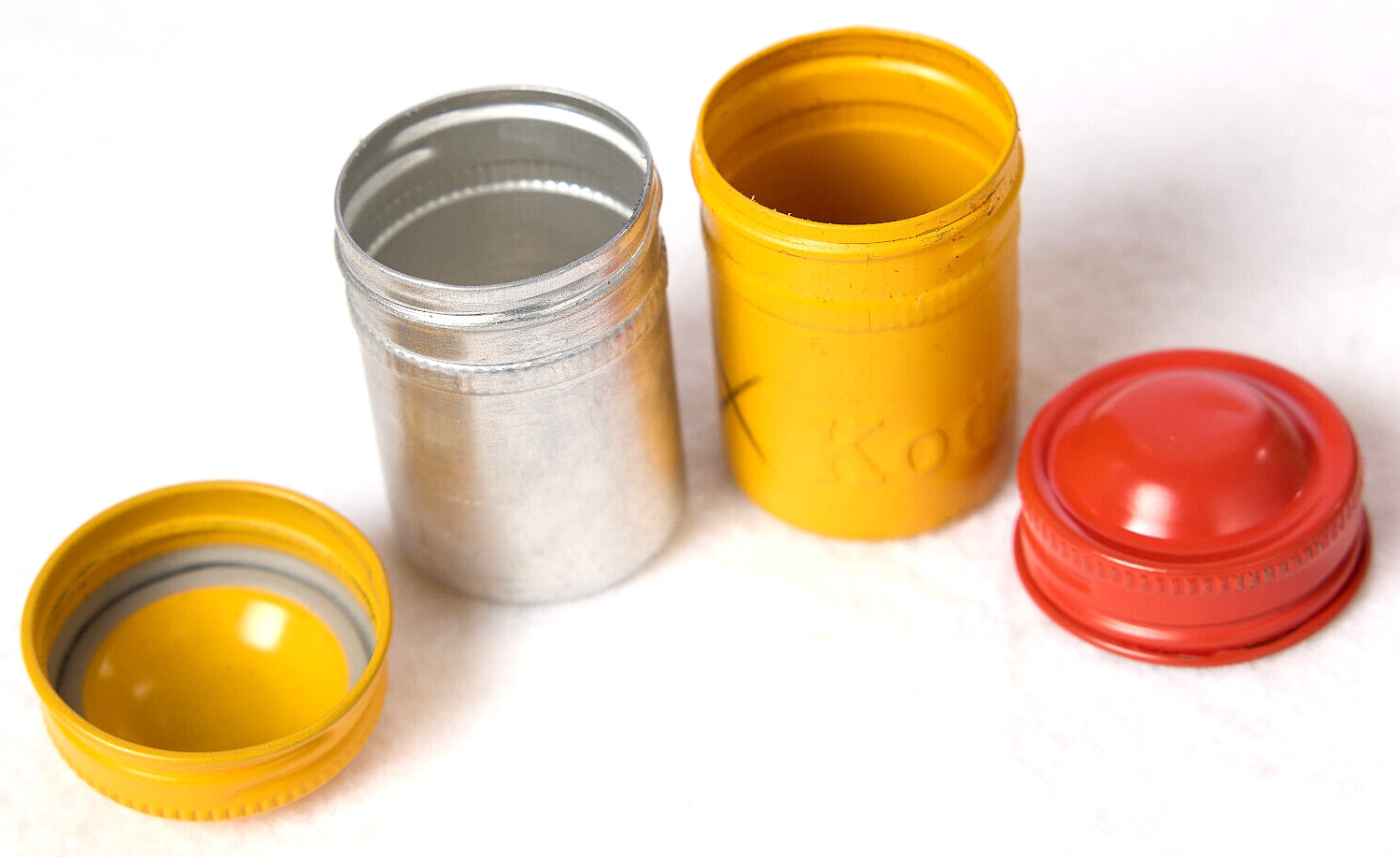 Lot of 2 – Vintage Kodak Metal 35mm Film Canisters Silver Yellow Orange