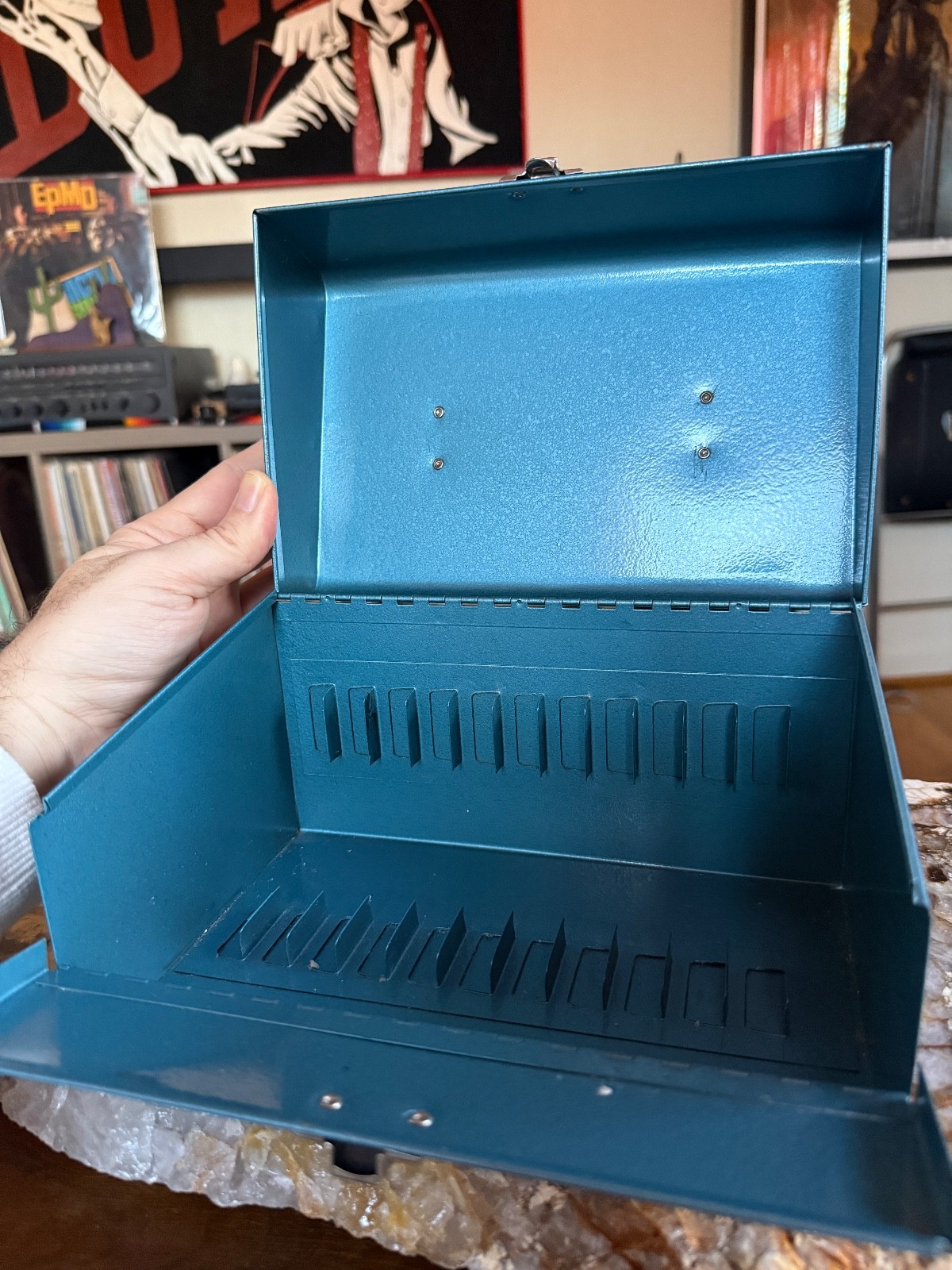 Vintage Logan Deluxe Movie Reel Chest Blue Holds 12 Film Canisters for 5″ Reels