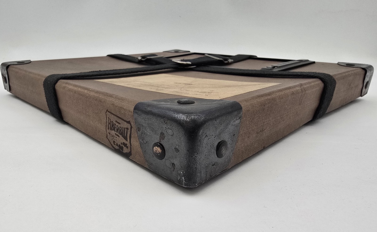 Vintage 11″ Square Fiberbilt Shipping Case Metal Corners Fabric Straps 1960s Lab