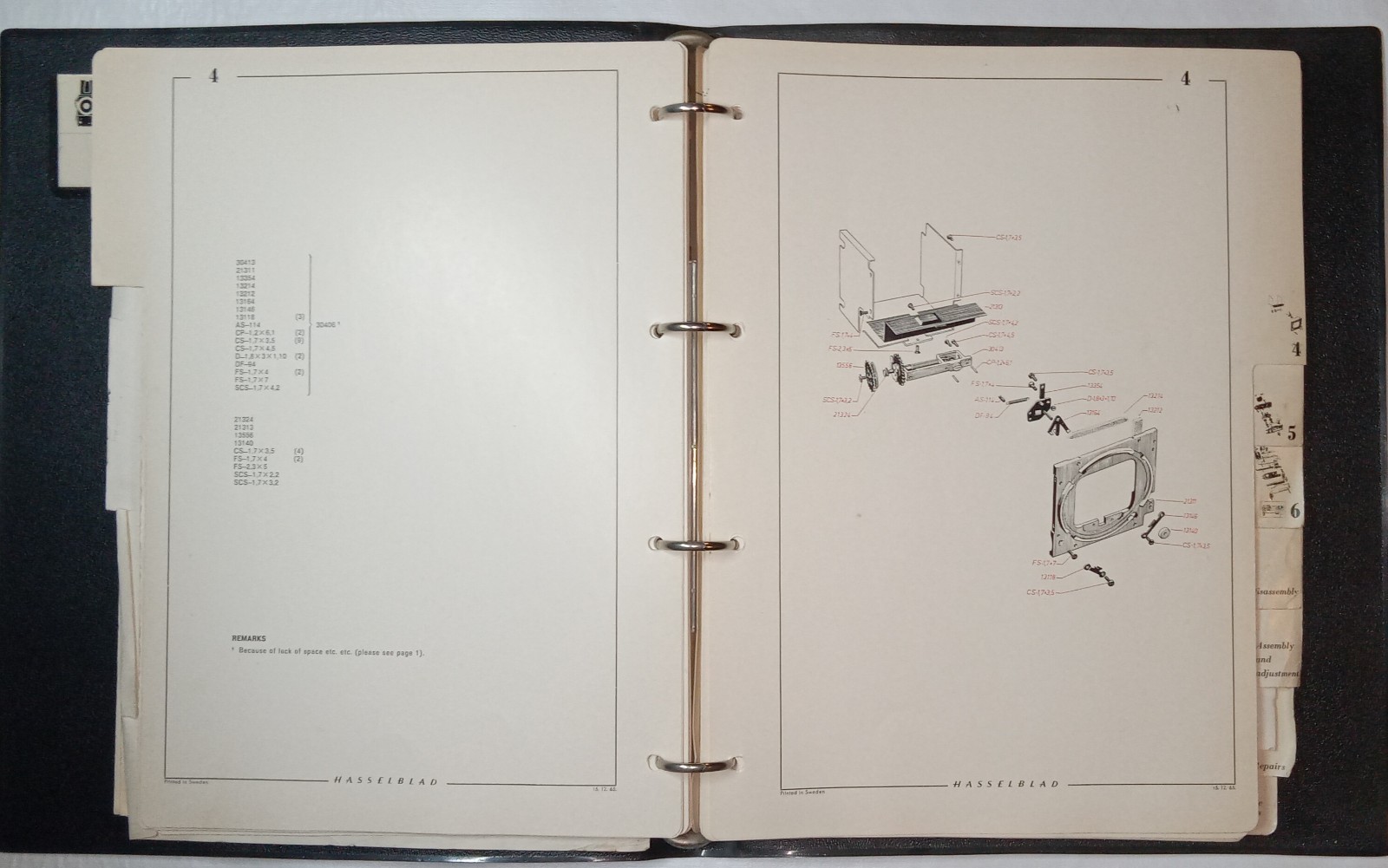 Original Hasselblad 500EL Body Spare Parts Catalog & Repair Manual #4124