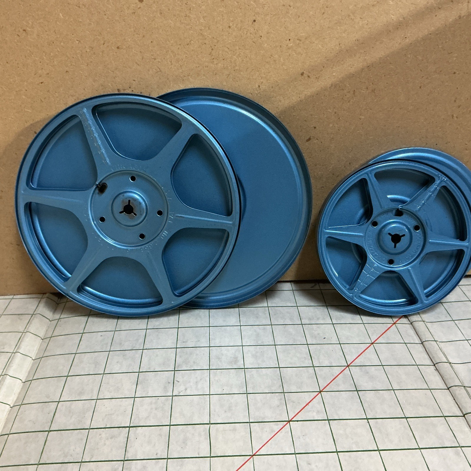Vintage 1950’s Blue Metal Reel Case & Empty Reel 7in And 5in Lot Of 2