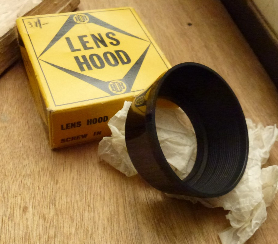 52mm screw in standard lens hood plated brass mount plastic front GB made 1960
