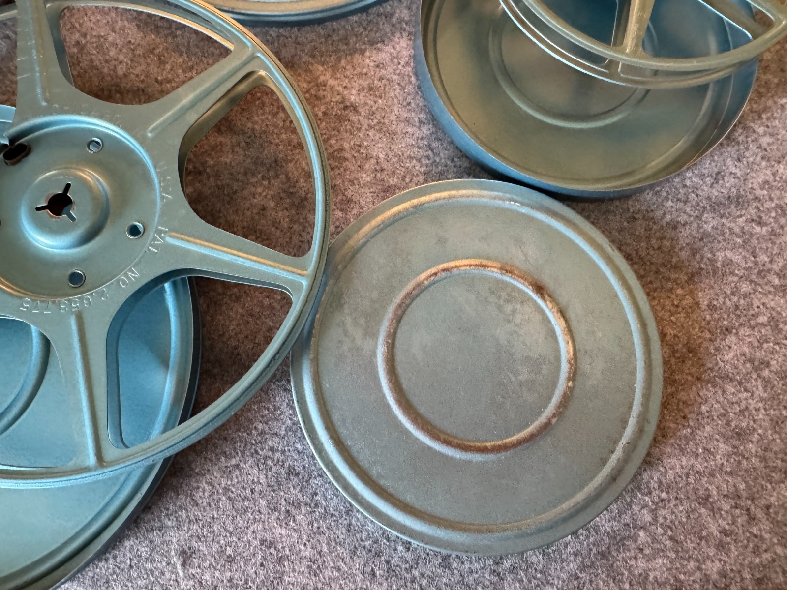 Vintage 3- Compco 7″ /5″ Metal Canisters -Kenco Take Up Film Reels 8mm